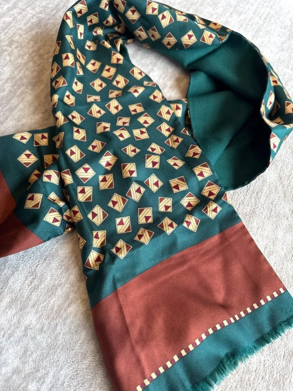 Green Brown Geometric Rectangle Silk Wool Scarf Spring Fall Winter
